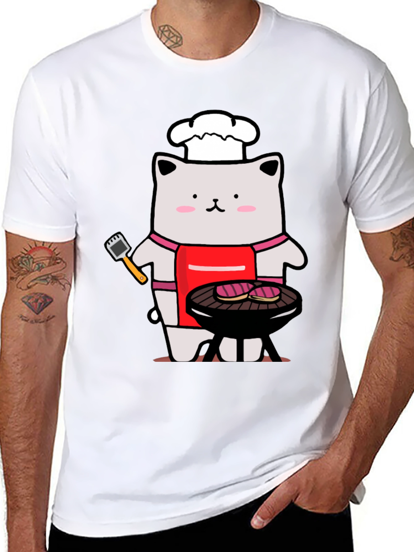 Camiseta Hombre: Gato Chef Asando a la Parrilla
