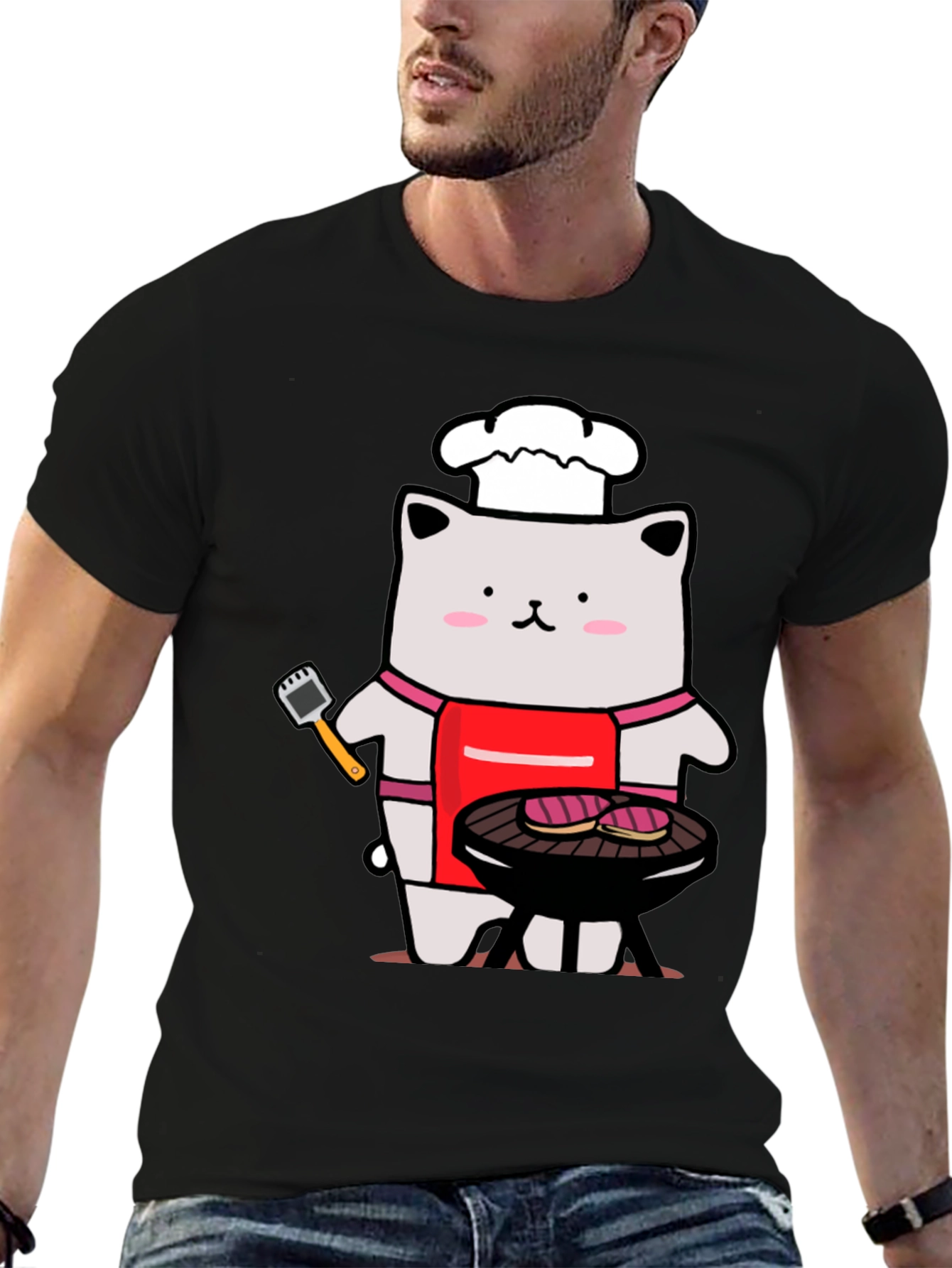 Camiseta Hombre: Gato Chef Asando a la Parrilla