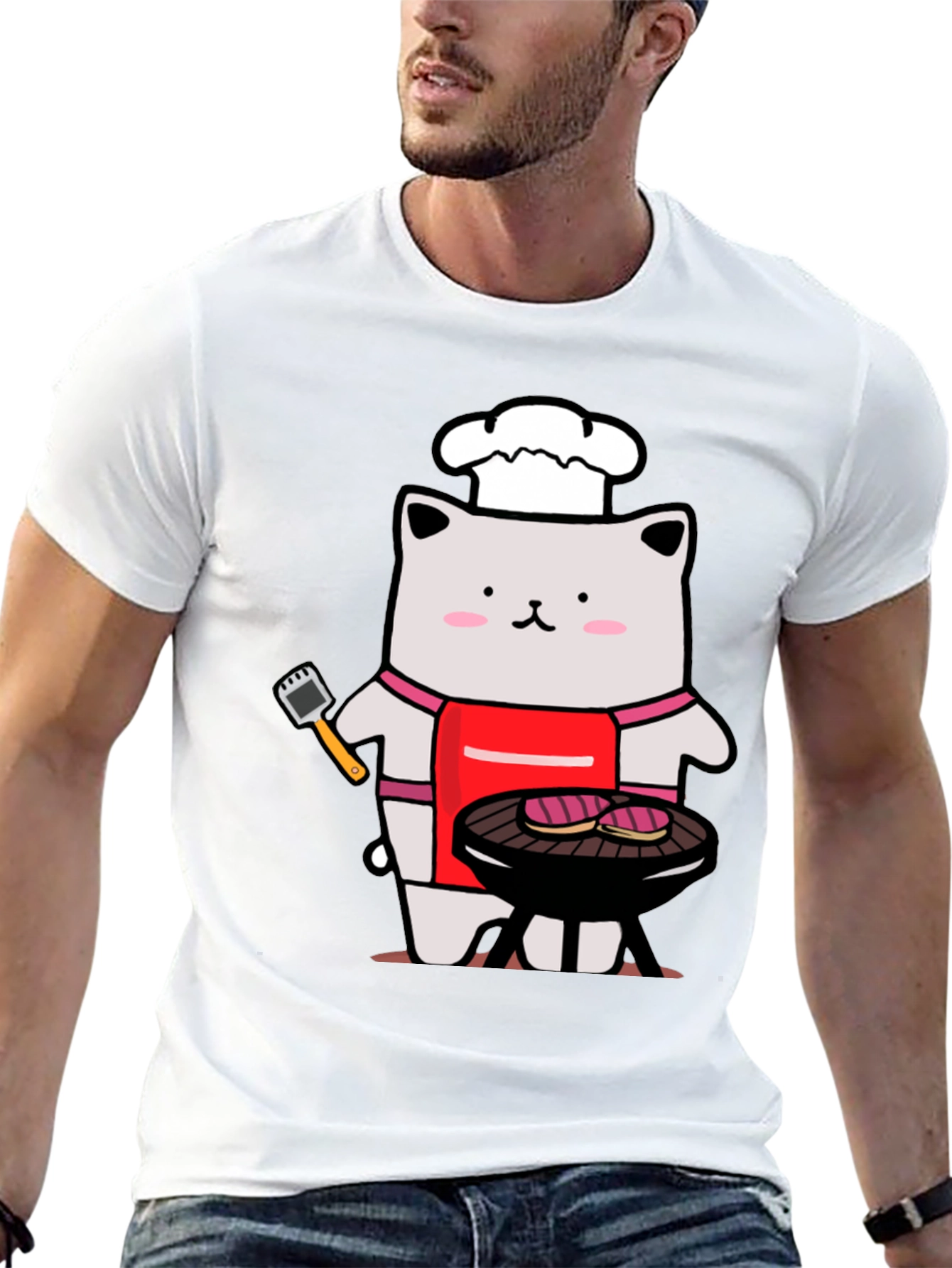Camiseta Hombre: Gato Chef Asando a la Parrilla