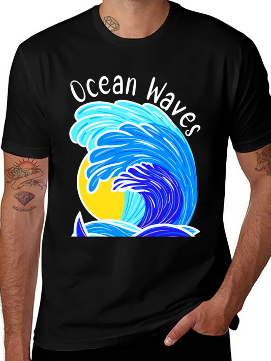 Camiseta Negra Olas del Océano Diseño Veraniego