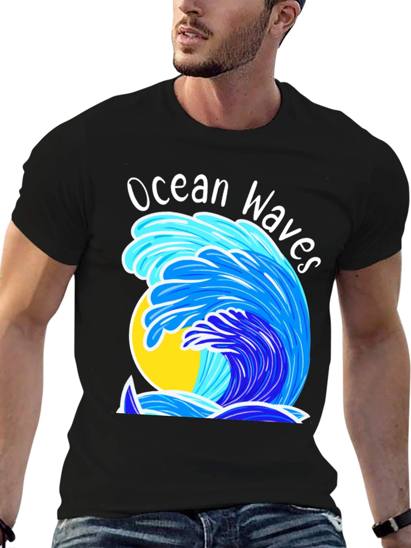 Camiseta Negra Olas del Océano Diseño Veraniego