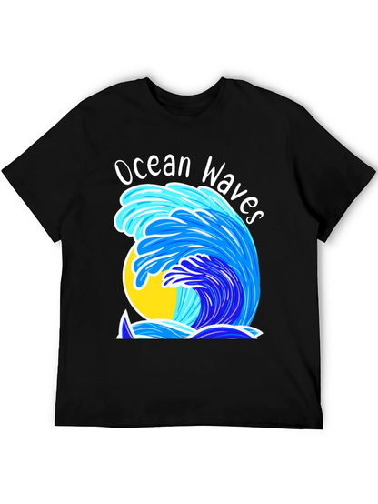 Camiseta Negra Olas del Océano Diseño Veraniego