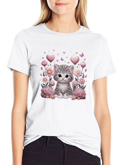 Camiseta Negra con Diseño de Gato y Flores