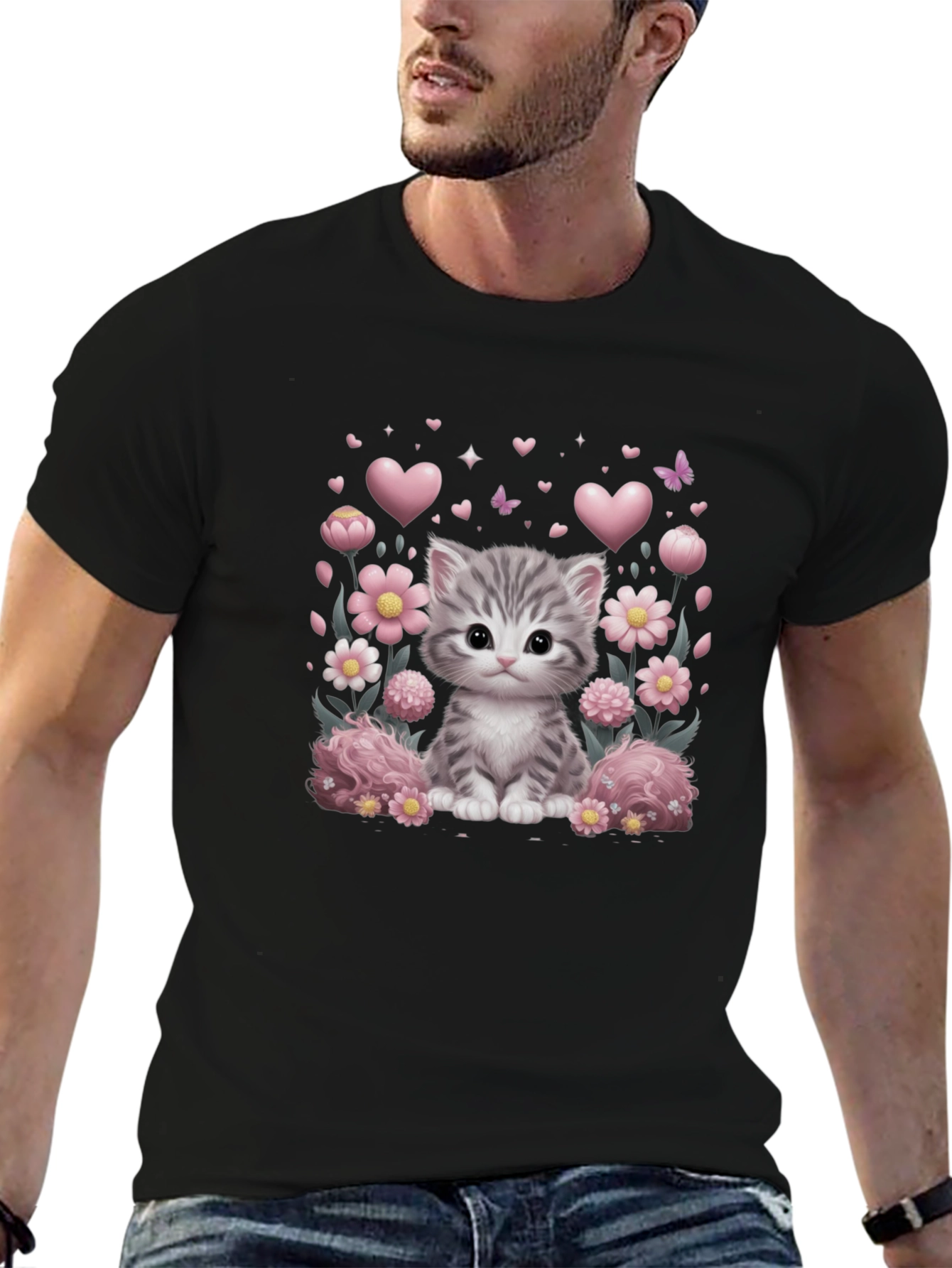 Camiseta Negra con Diseño de Gato y Flores