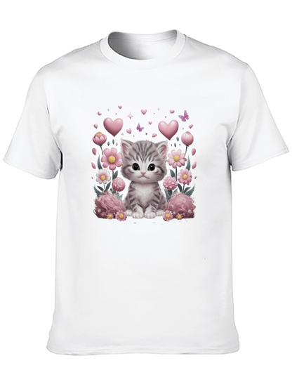 Camiseta Negra con Diseño de Gato y Flores