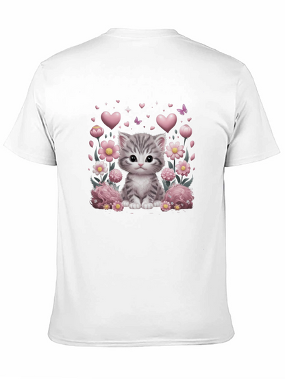 Camiseta Negra con Diseño de Gato y Flores