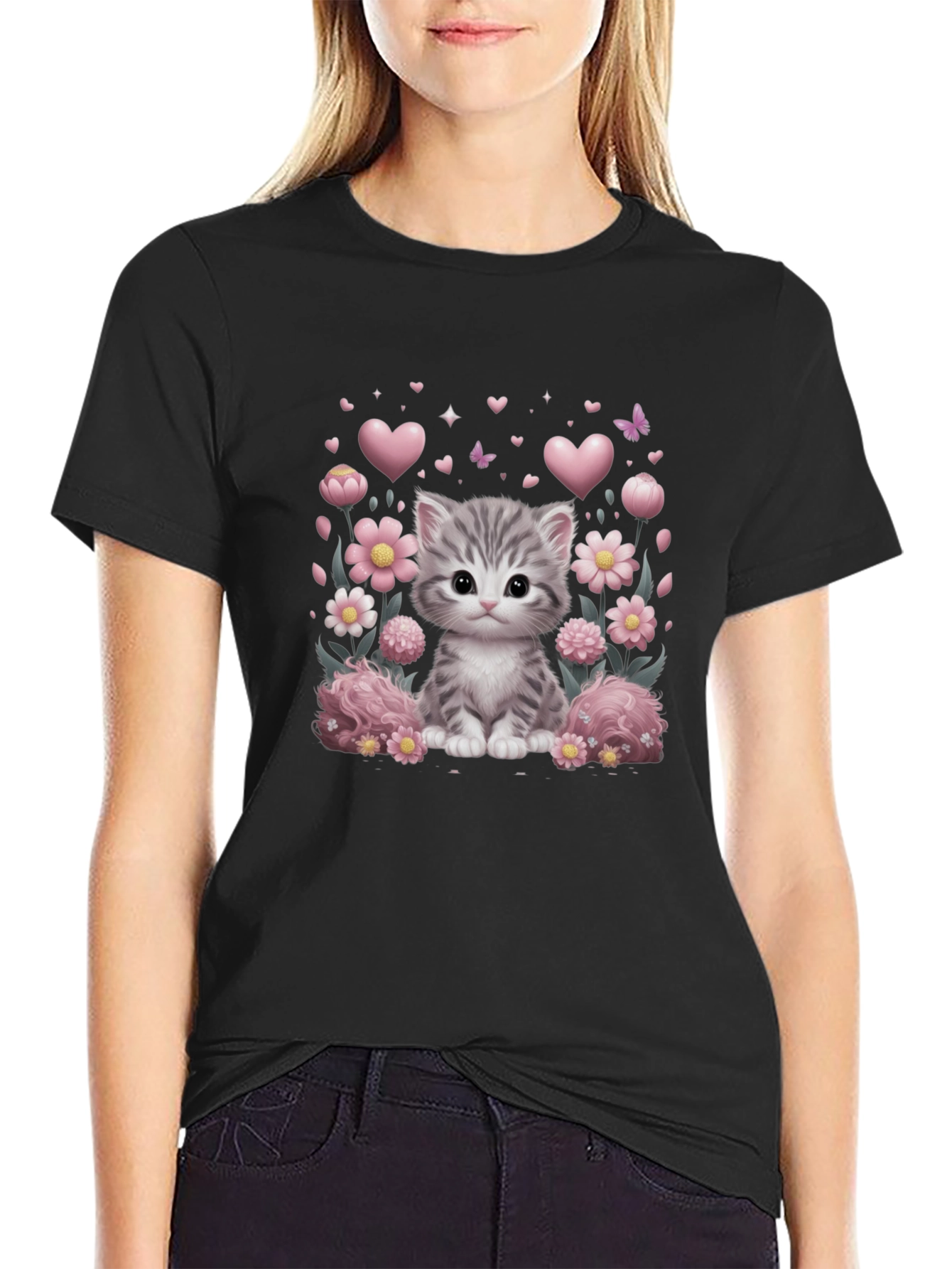 Camiseta Negra con Diseño de Gato y Flores
