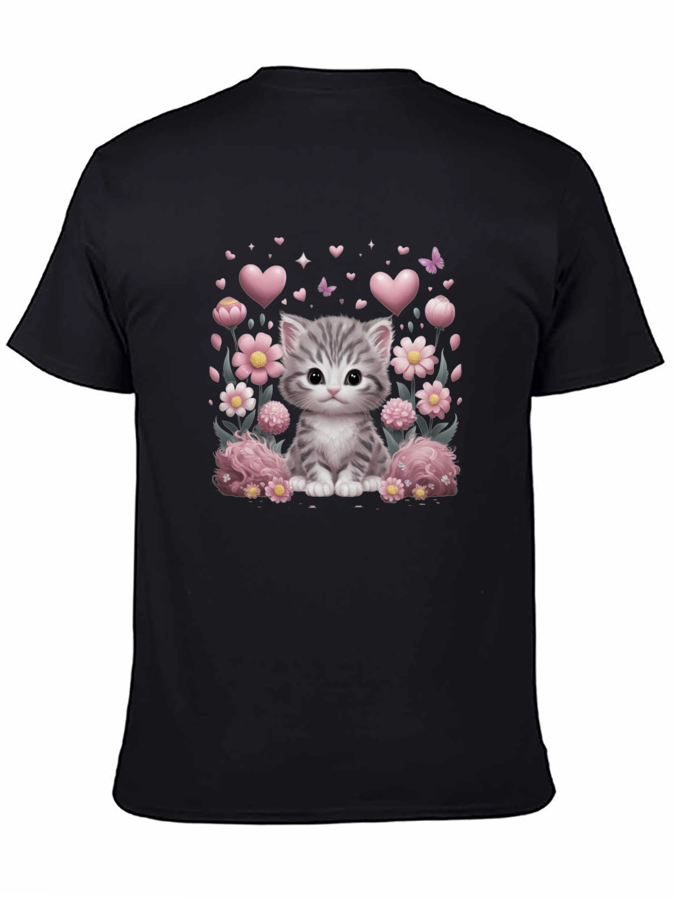 Camiseta Negra con Diseño de Gato y Flores