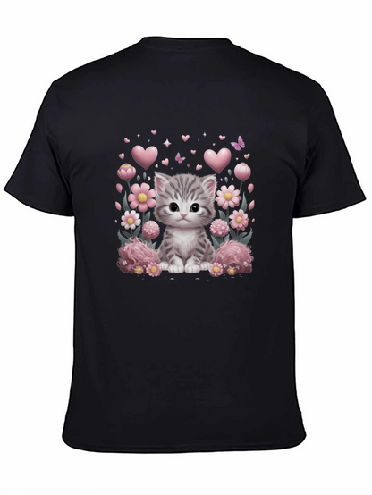 Camiseta Negra con Diseño de Gato y Flores