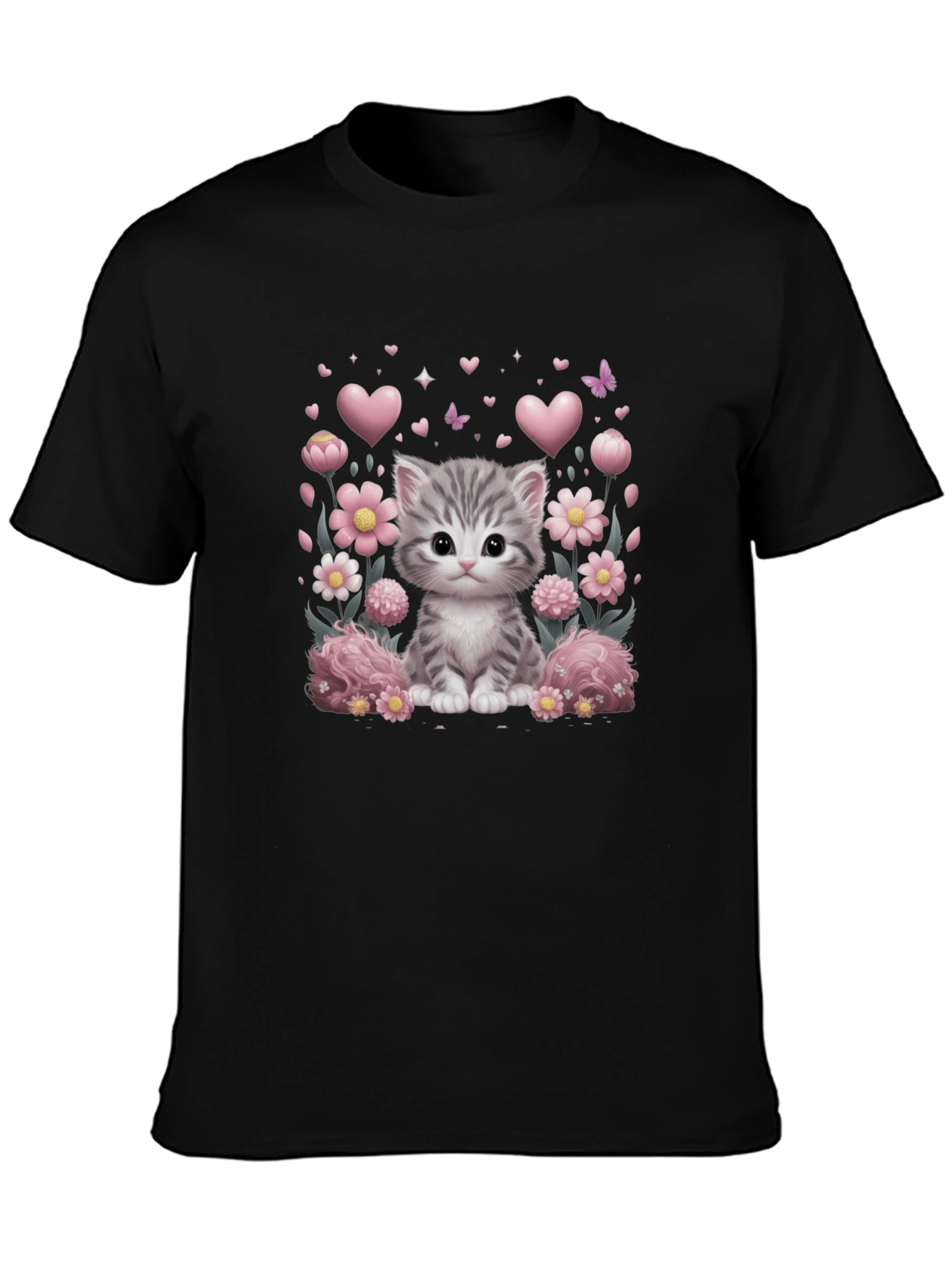 Camiseta Negra con Diseño de Gato y Flores