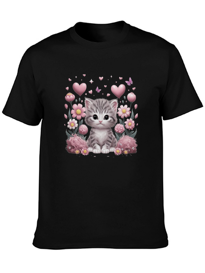 Camiseta Negra con Diseño de Gato y Flores