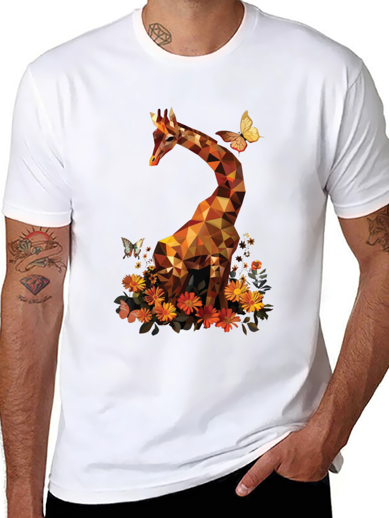 Camiseta Negra con Jirafa Geométrica y Flores