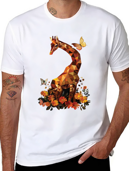 Camiseta Negra con Jirafa Geométrica y Flores