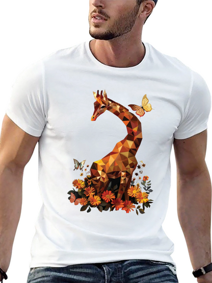 Camiseta Negra con Jirafa Geométrica y Flores