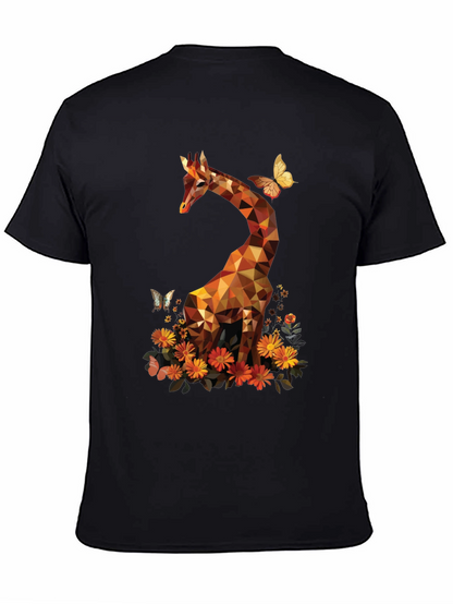 Camiseta Negra con Jirafa Geométrica y Flores