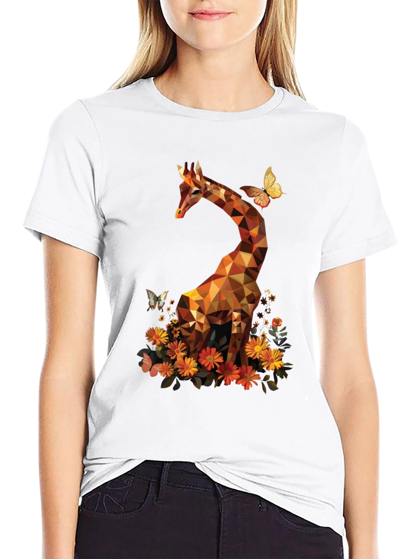 Camiseta Negra con Jirafa Geométrica y Flores