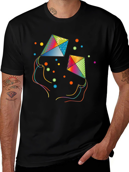 Camiseta Negra con Estampado de Cometas Coloridas