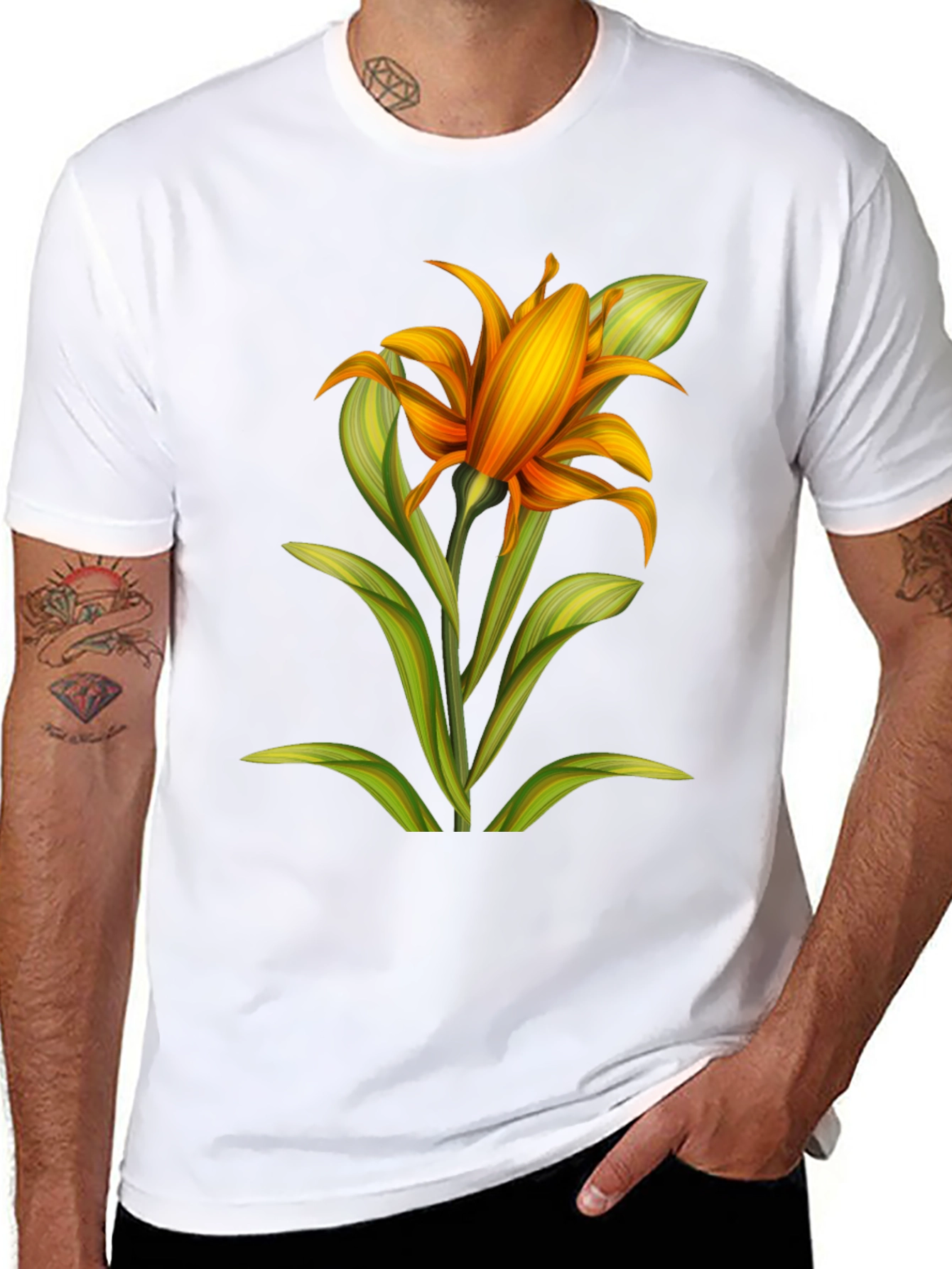 Camiseta Negra con Estampado Floral Naranja