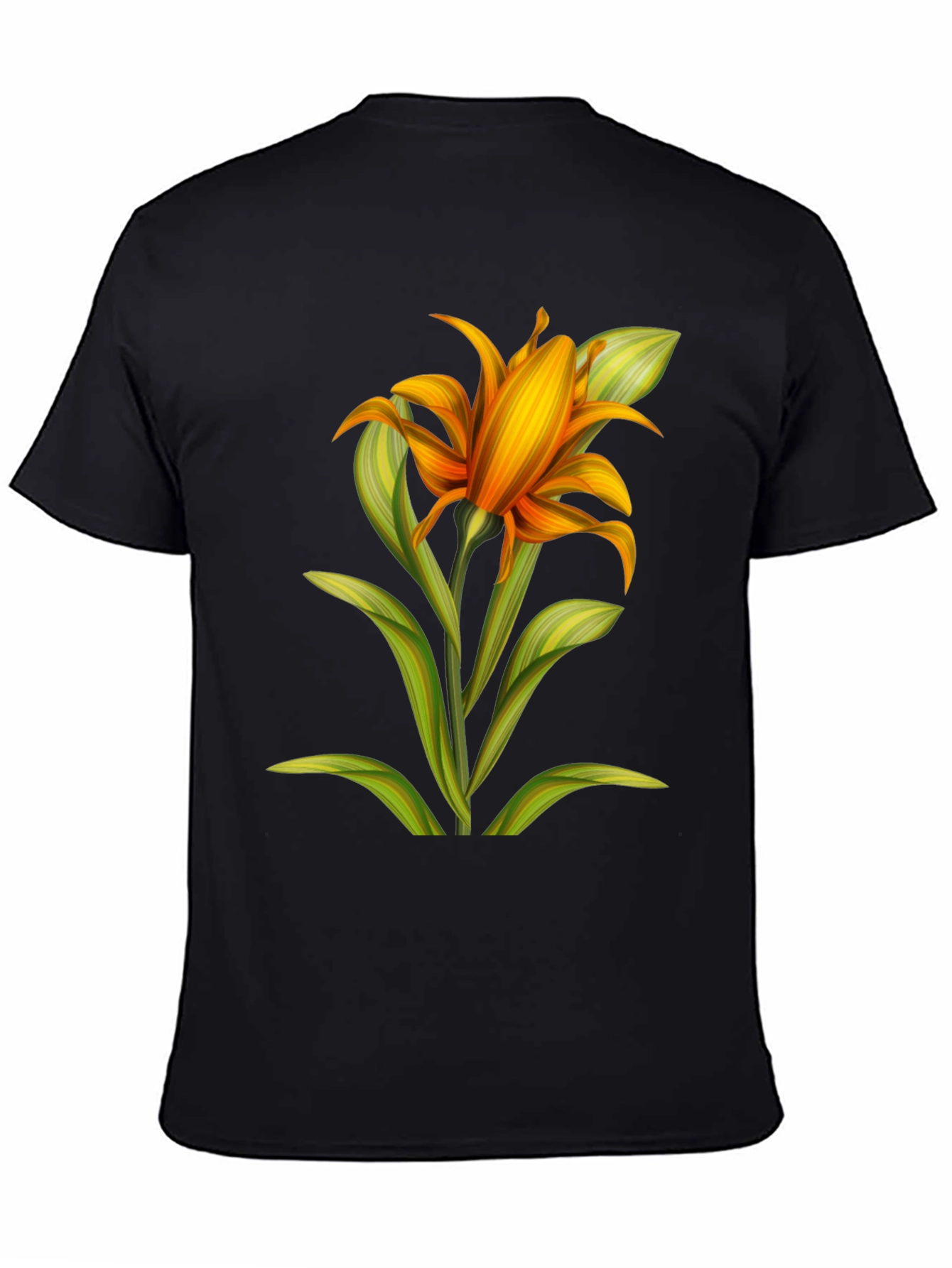 Camiseta Negra con Estampado Floral Naranja