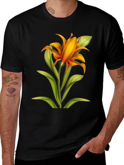 Camiseta Negra con Estampado Floral Naranja