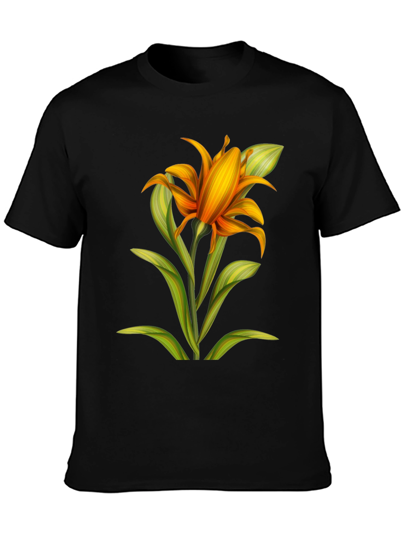 Camiseta Negra con Estampado Floral Naranja