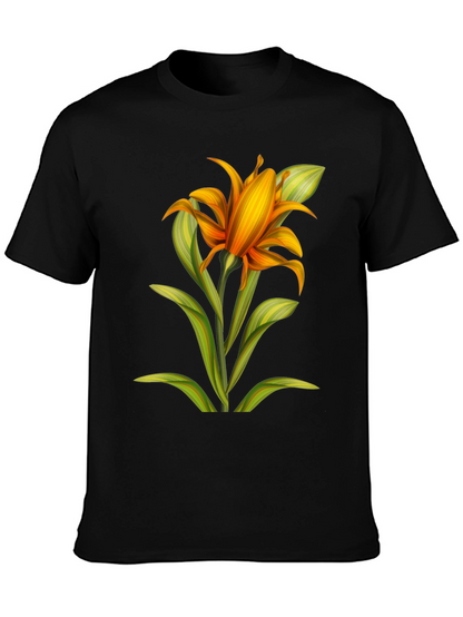 Camiseta Negra con Estampado Floral Naranja