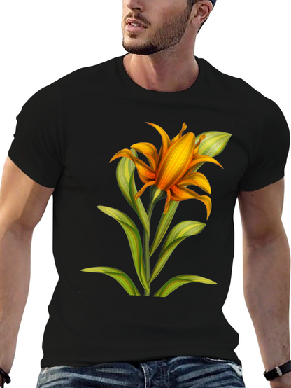 Camiseta Negra con Estampado Floral Naranja