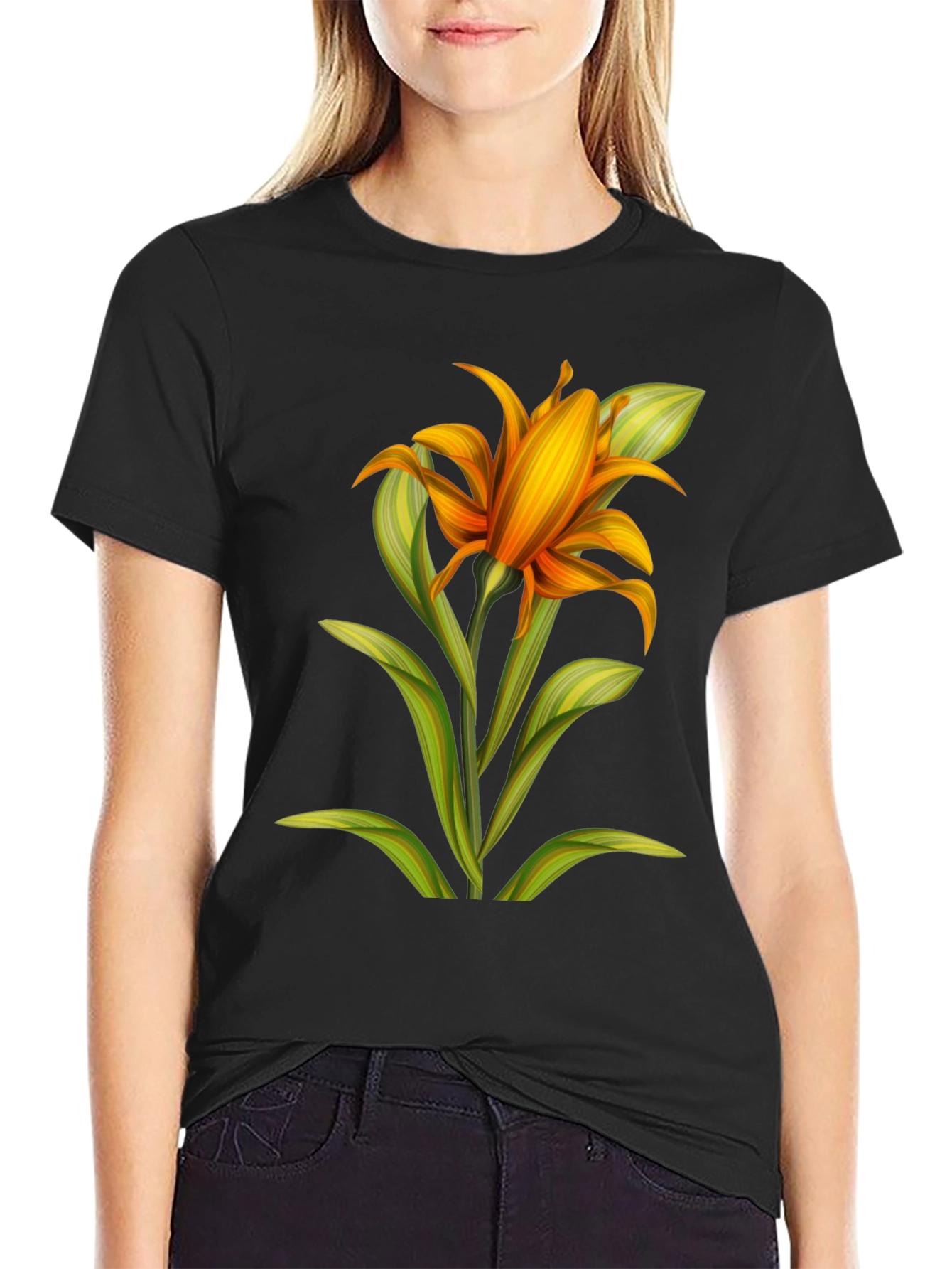 Camiseta Negra con Estampado Floral Naranja
