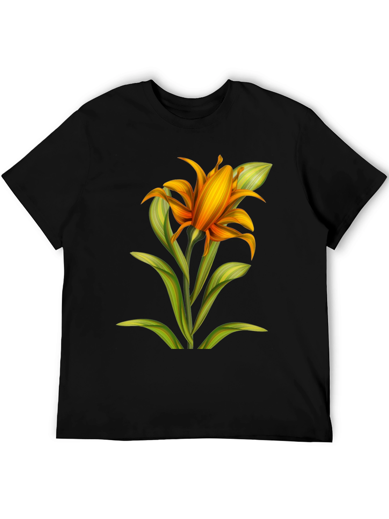 Camiseta Negra con Estampado Floral Naranja