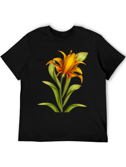 Camiseta Negra con Estampado Floral Naranja