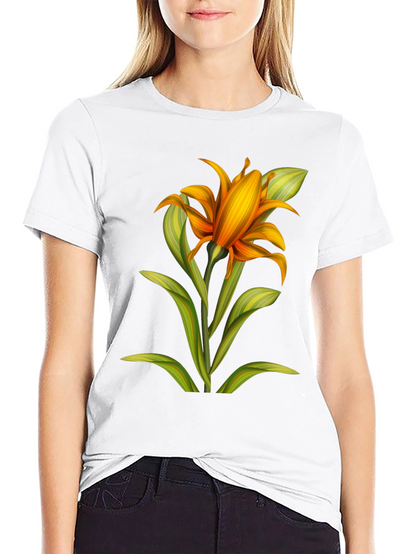 Camiseta Negra con Estampado Floral Naranja