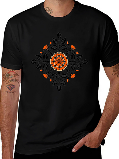 Camiseta Negra con Diseño Floral Naranja y Hojas