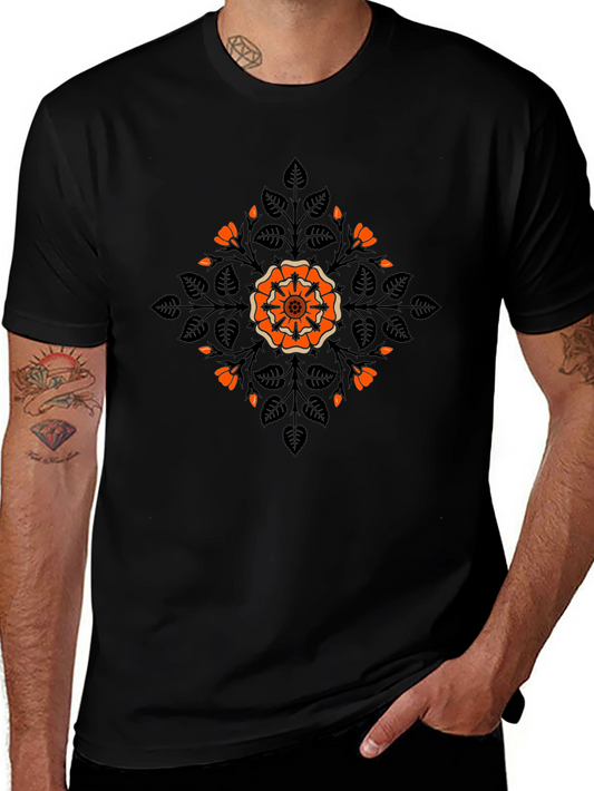 Camiseta Negra con Diseño Floral Naranja y Hojas
