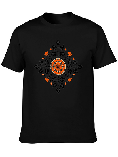 Camiseta Negra con Diseño Floral Naranja y Hojas