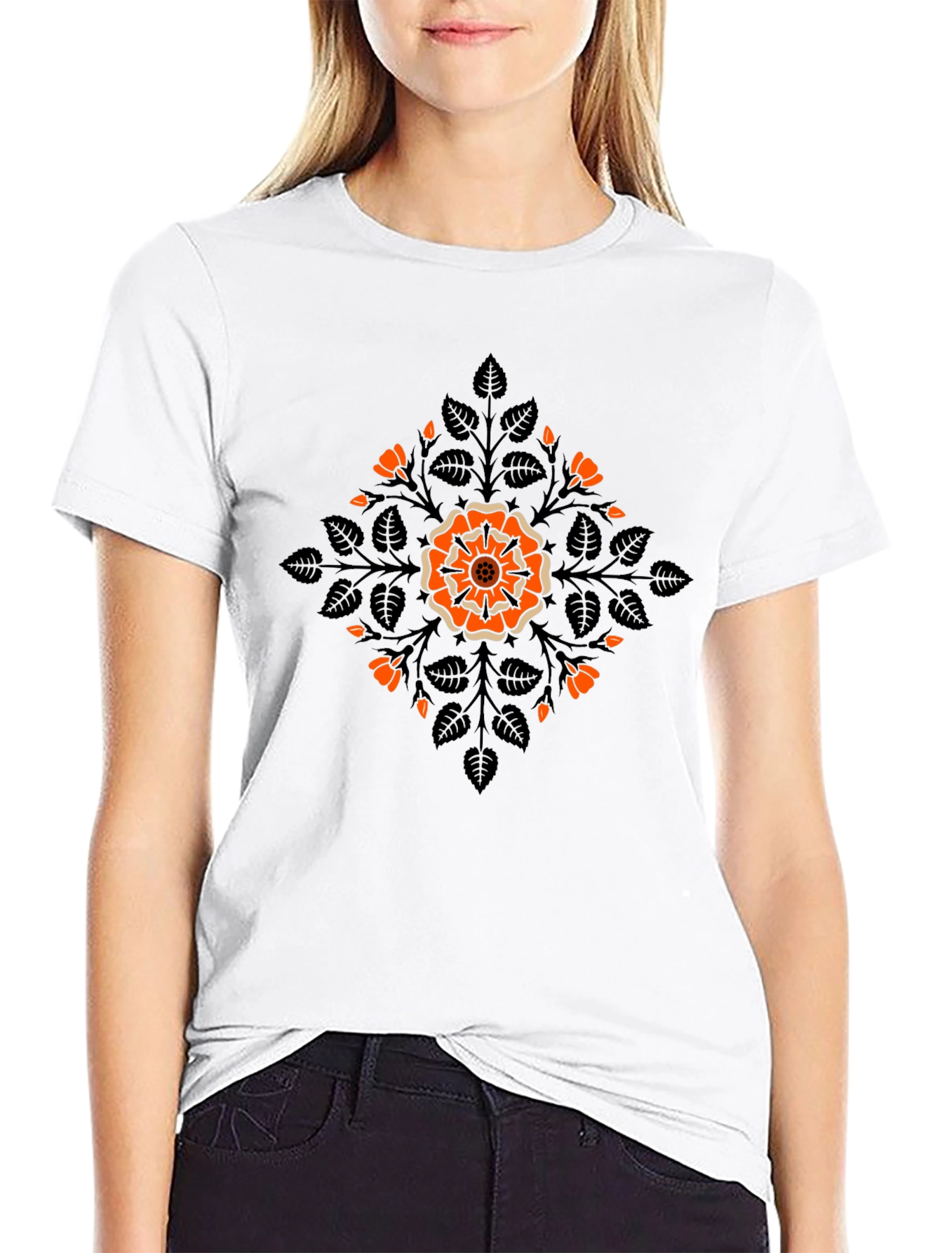 Camiseta Negra con Diseño Floral Naranja y Hojas