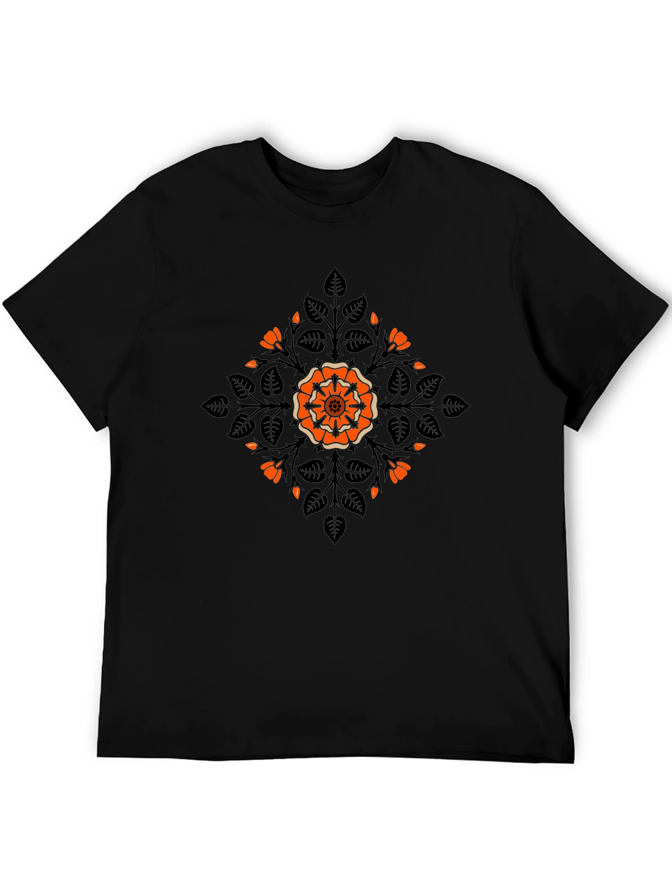 Camiseta Negra con Diseño Floral Naranja y Hojas