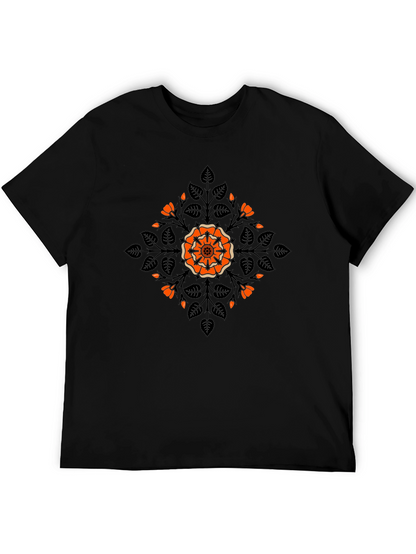 Camiseta Negra con Diseño Floral Naranja y Hojas
