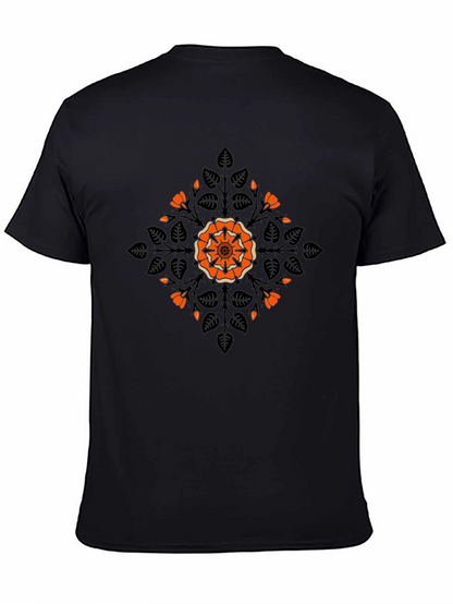 Camiseta Negra con Diseño Floral Naranja y Hojas
