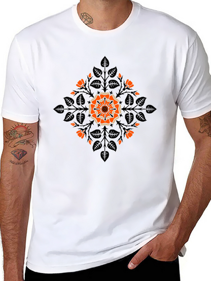 Camiseta Negra con Diseño Floral Naranja y Hojas