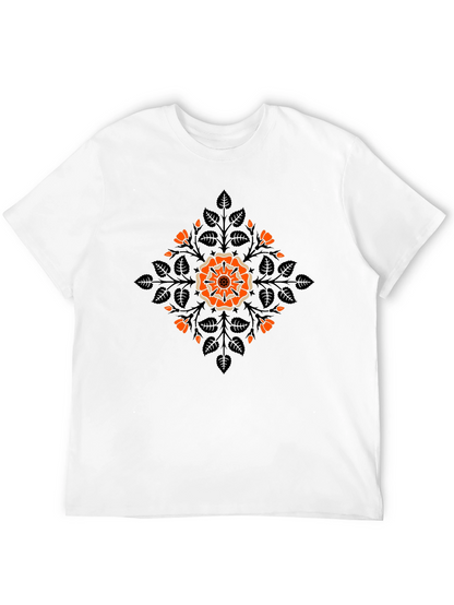 Camiseta Negra con Diseño Floral Naranja y Hojas