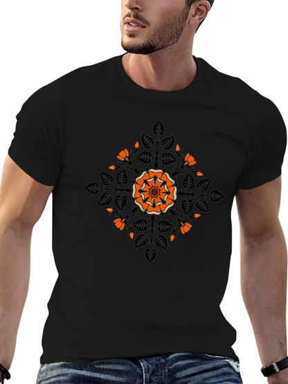 Camiseta Negra con Diseño Floral Naranja y Hojas