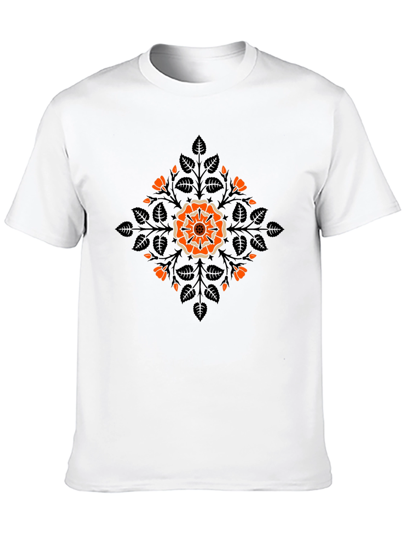 Camiseta Negra con Diseño Floral Naranja y Hojas