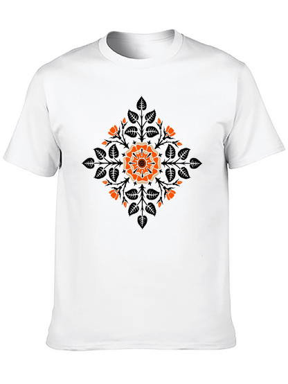 Camiseta Negra con Diseño Floral Naranja y Hojas
