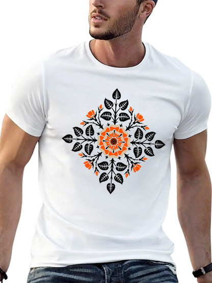Camiseta Negra con Diseño Floral Naranja y Hojas