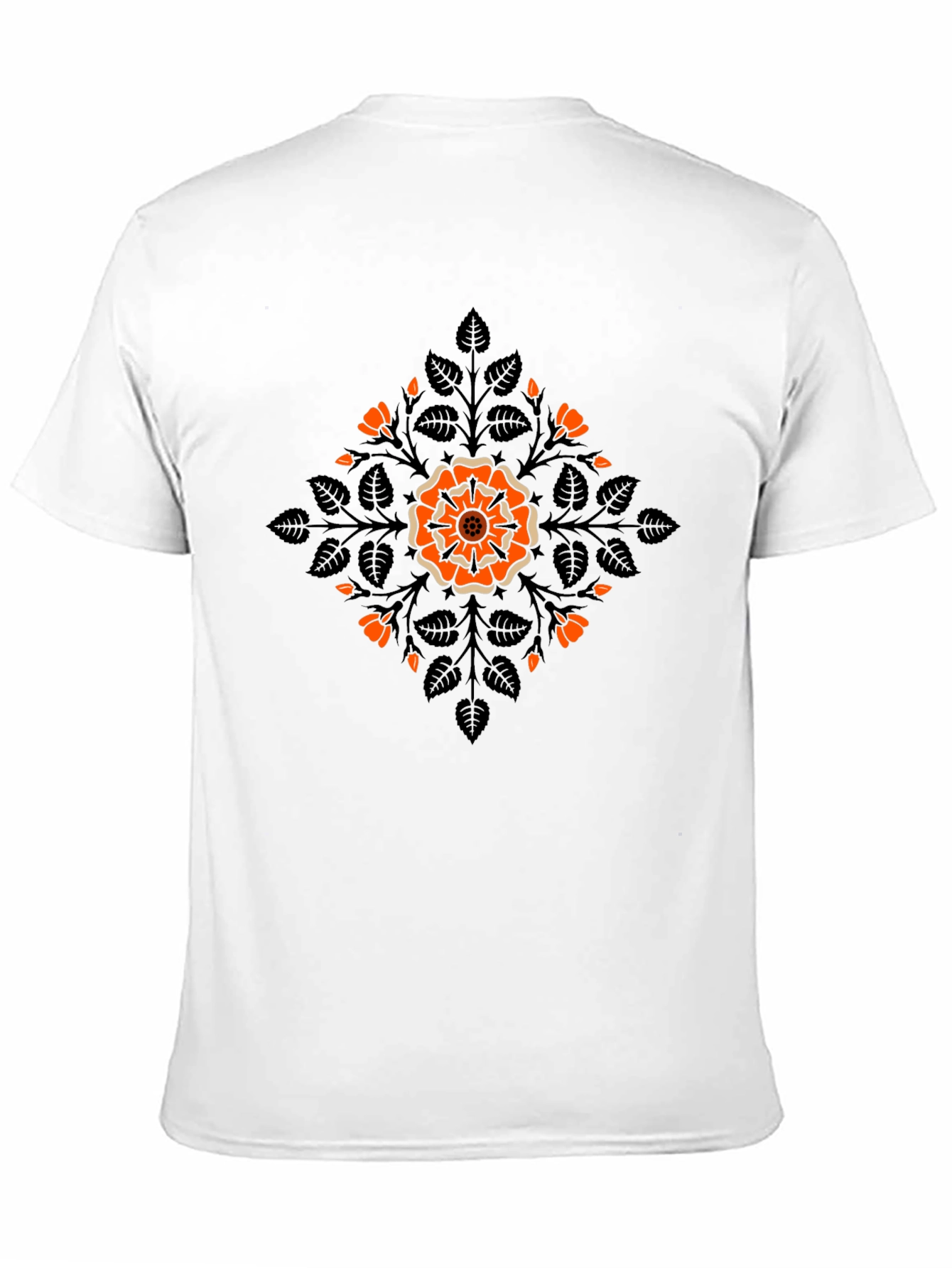 Camiseta Negra con Diseño Floral Naranja y Hojas