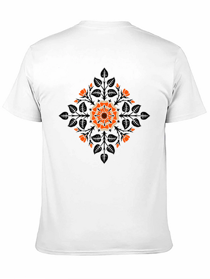 Camiseta Negra con Diseño Floral Naranja y Hojas