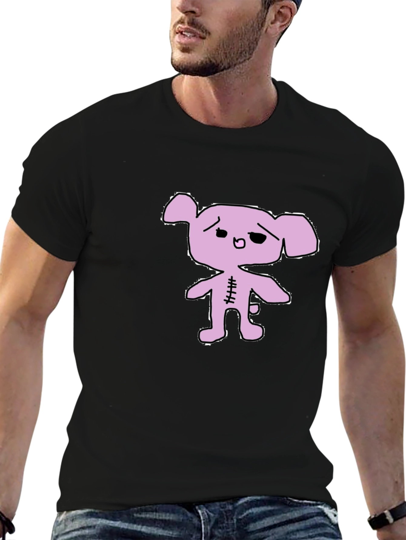 Camiseta Negra con Diseño de Cerdo Cosido