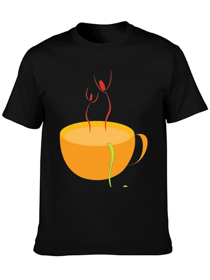 Camiseta Negra con Diseño de Taza de Café Abstracta