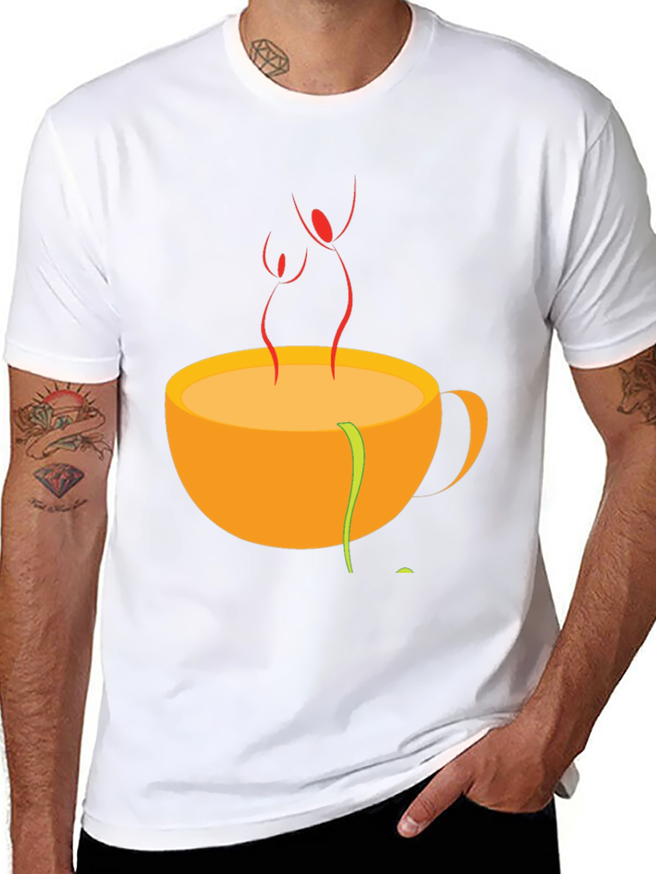 Camiseta Negra con Diseño de Taza de Café Abstracta
