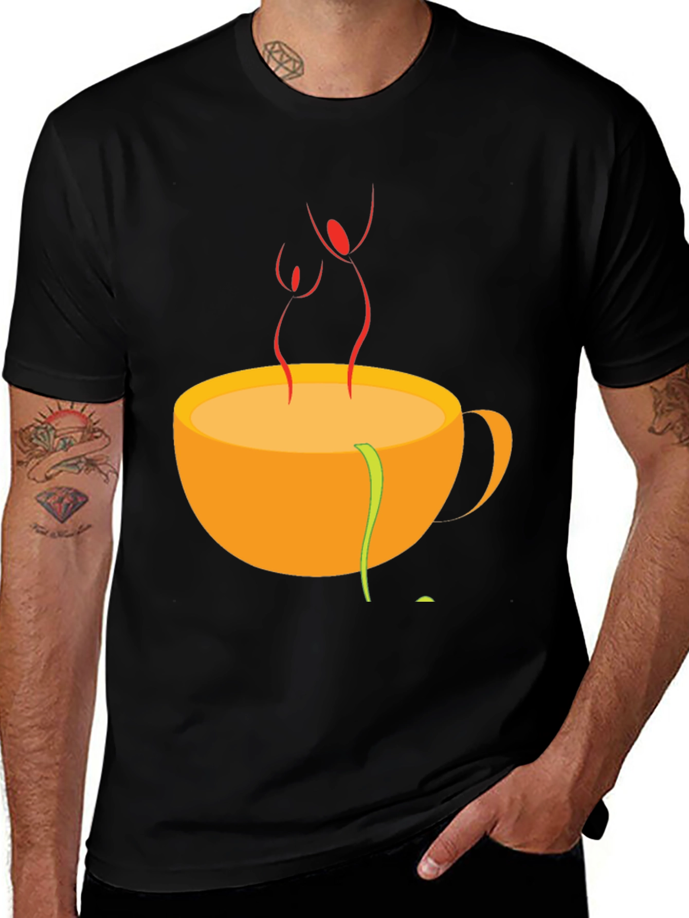 Camiseta Negra con Diseño de Taza de Café Abstracta